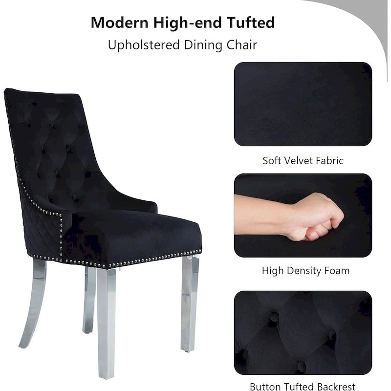 Lot de 2 chaises de salle à manger en velours, chaises de salle à manger rembourrées capitonnées avec clous décoratifs, pieds en acier inoxydable et anneau de traction tête de lion