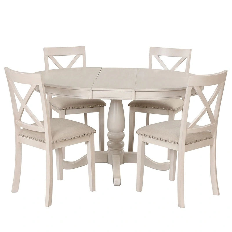 Ensemble de salle à manger extensible en bois avec abattants ronds et 4 chaises rembourrées