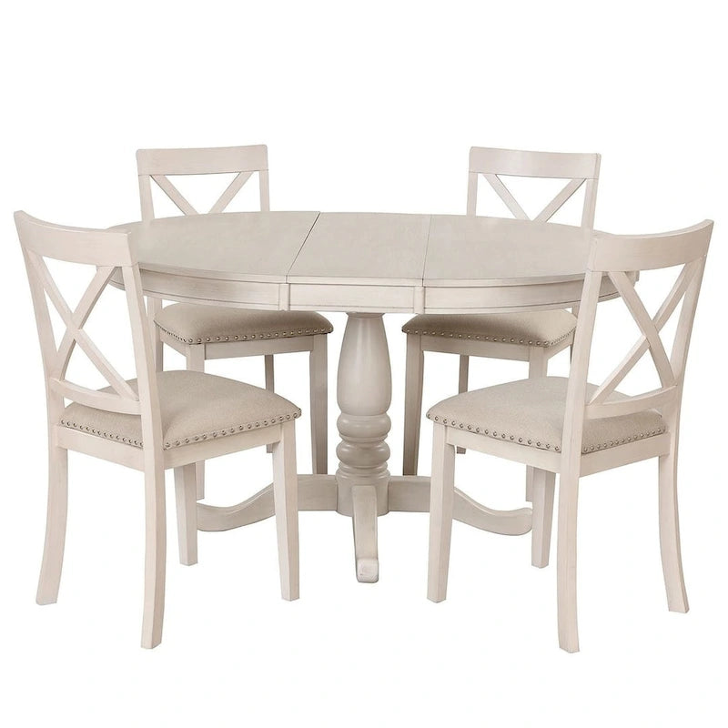 Ensemble de salle à manger extensible en bois avec abattants ronds et 4 chaises rembourrées