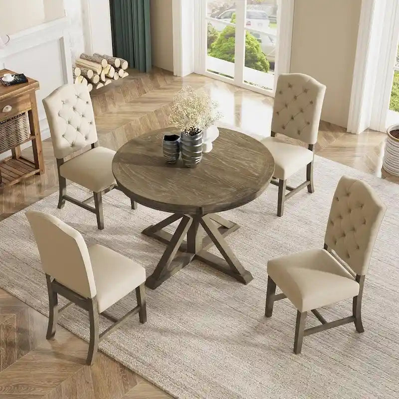 Ensemble de salle à manger extensible en bois avec abattants ronds et 4 chaises rembourrées