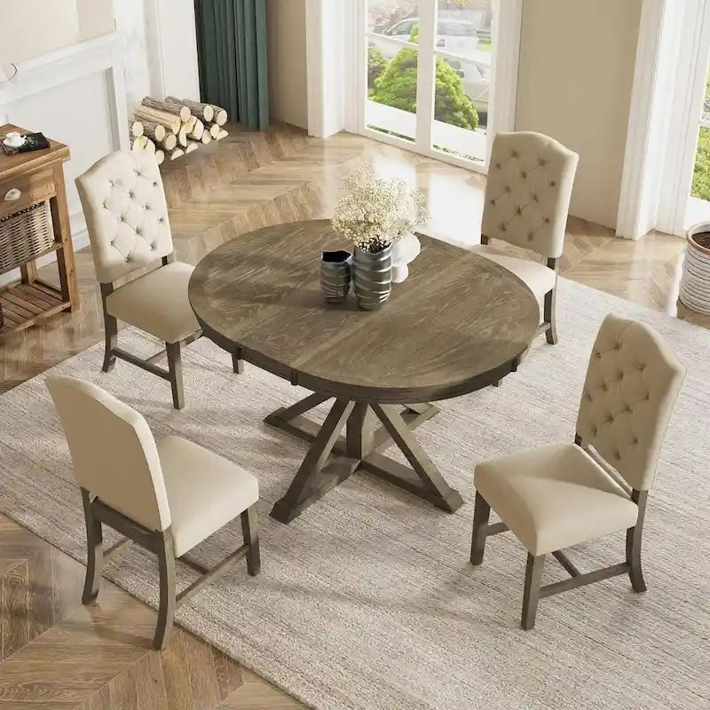 Ensemble de salle à manger extensible en bois avec abattants ronds et 4 chaises rembourrées