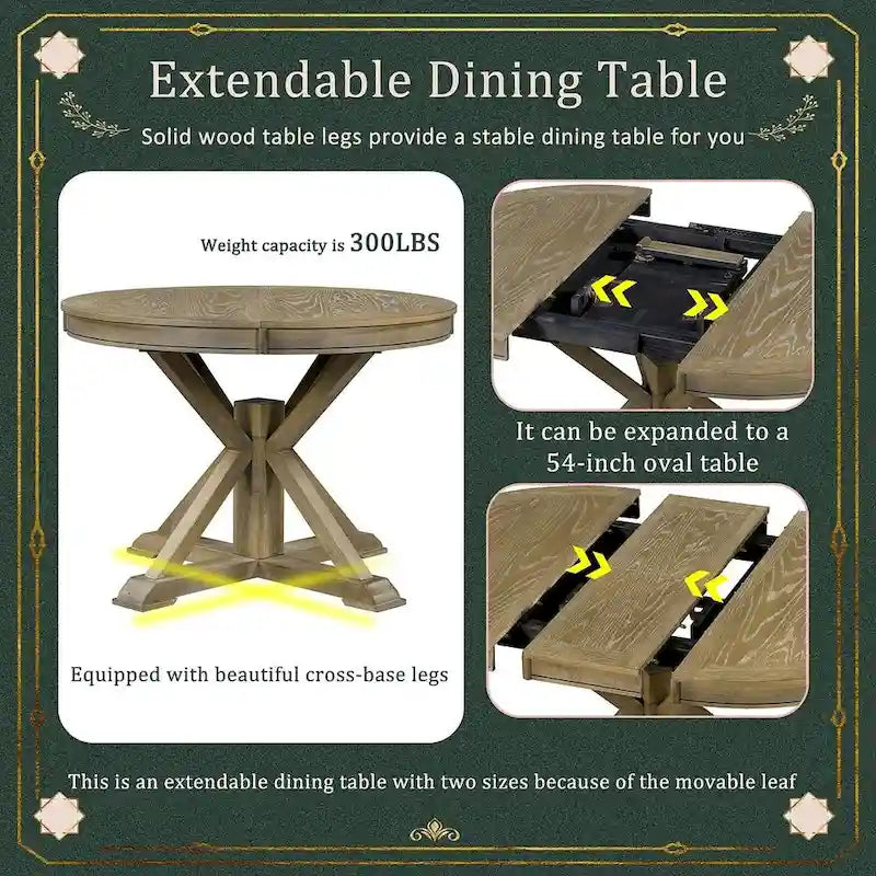 Ensemble de salle à manger extensible en bois avec abattants ronds et 4 chaises rembourrées