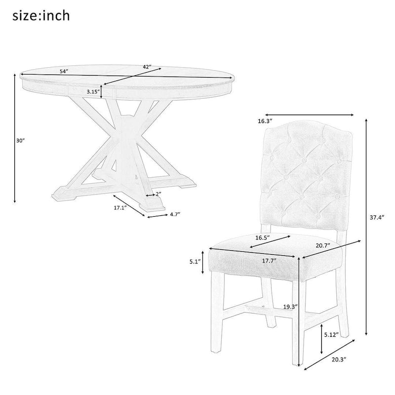 Ensemble de salle à manger extensible en bois avec abattants ronds et 4 chaises rembourrées