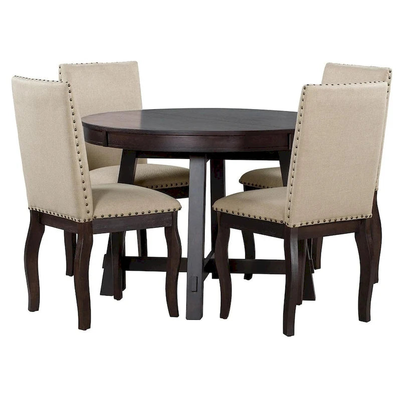 Ensemble de salle à manger extensible en bois avec abattants ronds et 4 chaises rembourrées