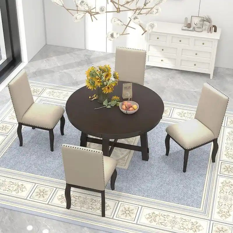 Ensemble de salle à manger extensible en bois avec abattants ronds et 4 chaises rembourrées