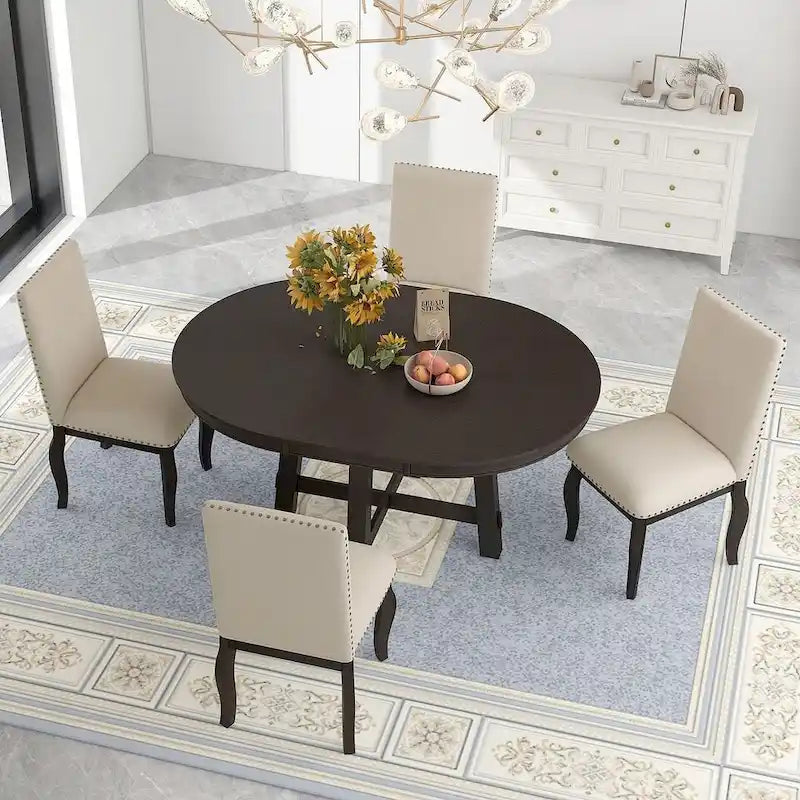 Ensemble de salle à manger extensible en bois avec abattants ronds et 4 chaises rembourrées