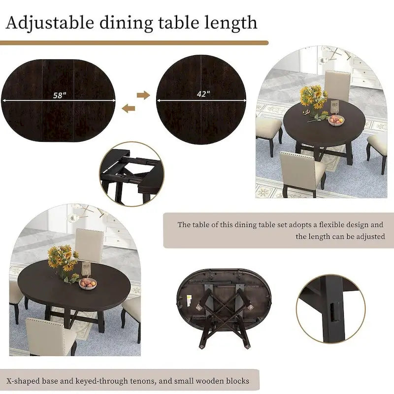 Ensemble de salle à manger extensible en bois avec abattants ronds et 4 chaises rembourrées