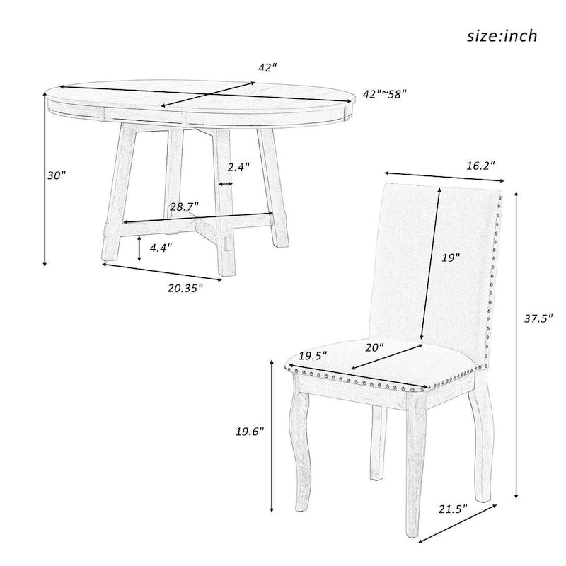 Ensemble de salle à manger extensible en bois avec abattants ronds et 4 chaises rembourrées
