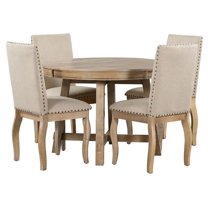 Ensemble de salle à manger extensible en bois avec abattants ronds et 4 chaises rembourrées