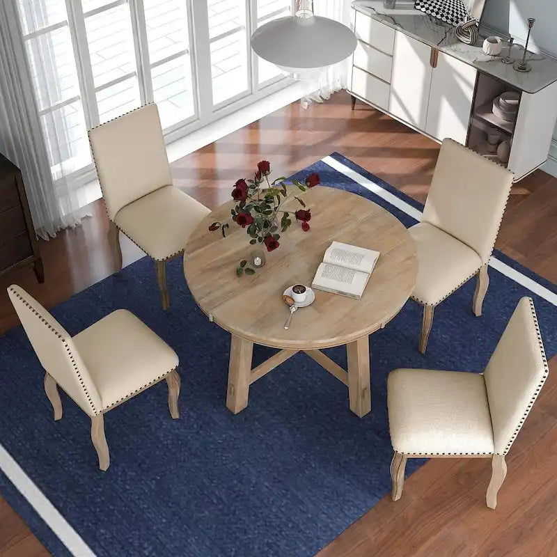 Ensemble de salle à manger extensible en bois avec abattants ronds et 4 chaises rembourrées