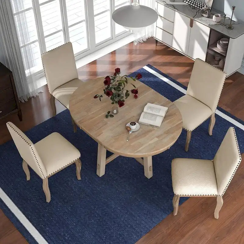Ensemble de salle à manger extensible en bois avec abattants ronds et 4 chaises rembourrées