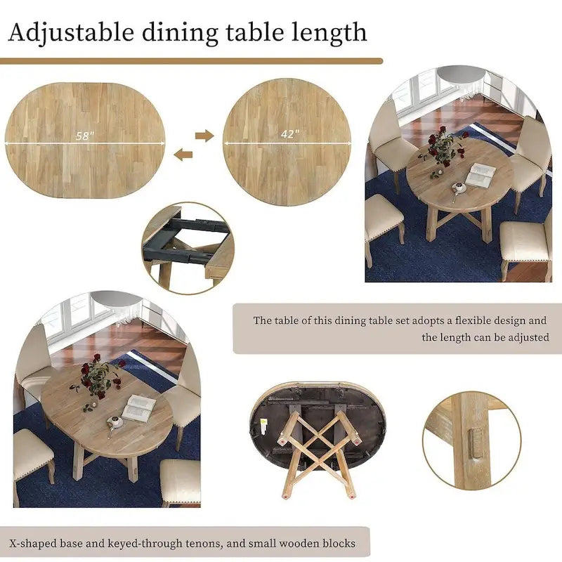 Ensemble de salle à manger extensible en bois avec abattants ronds et 4 chaises rembourrées
