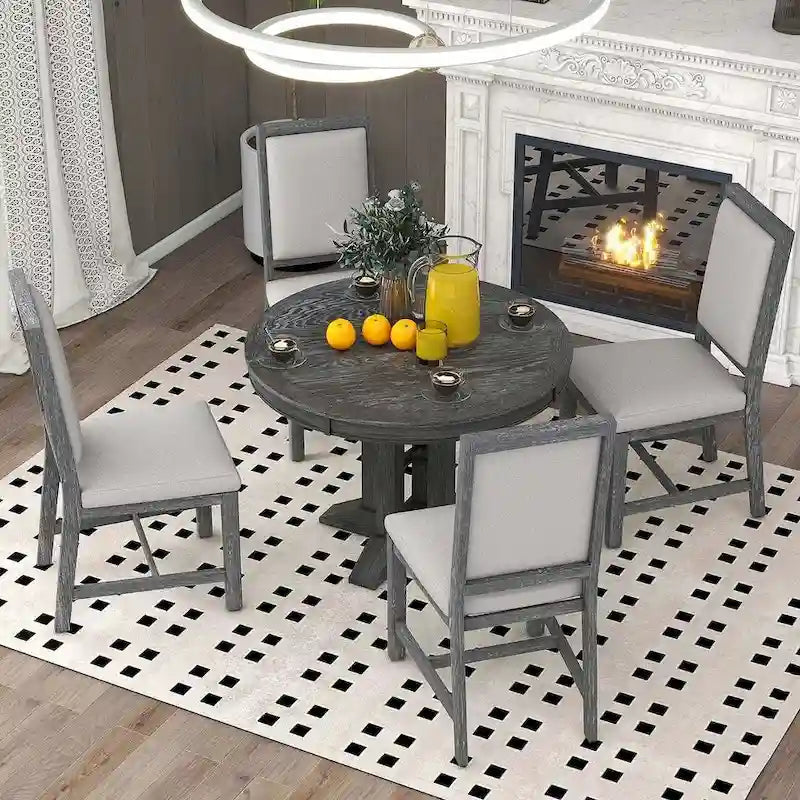 Ensemble de salle à manger extensible en bois avec abattants ronds et 4 chaises rembourrées