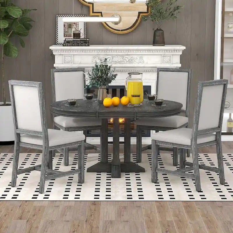 Ensemble de salle à manger extensible en bois avec abattants ronds et 4 chaises rembourrées