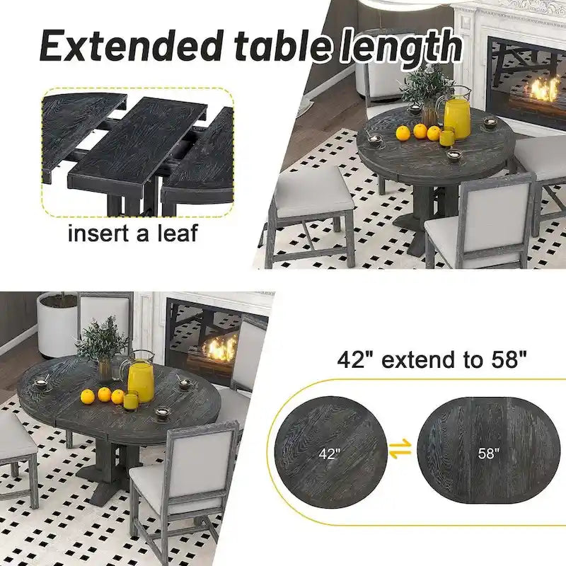 Ensemble de salle à manger extensible en bois avec abattants ronds et 4 chaises rembourrées
