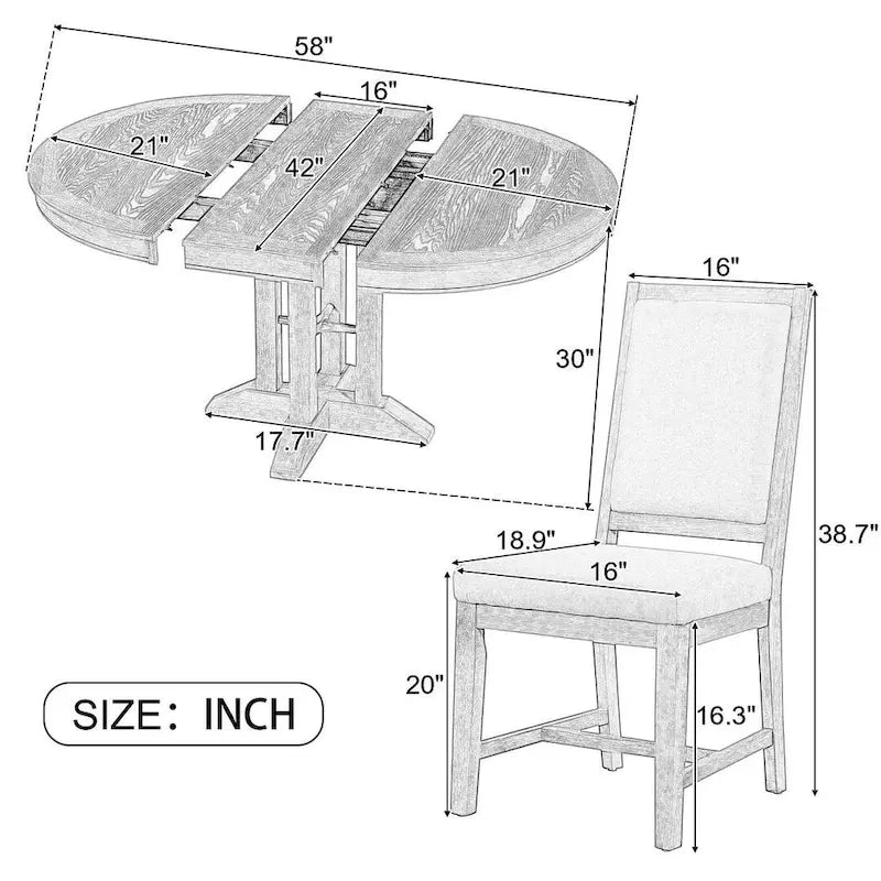 Ensemble de salle à manger extensible en bois avec abattants ronds et 4 chaises rembourrées