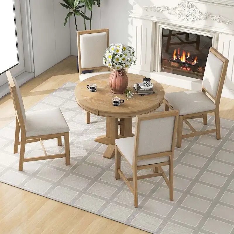 Ensemble de salle à manger extensible en bois avec abattants ronds et 4 chaises rembourrées