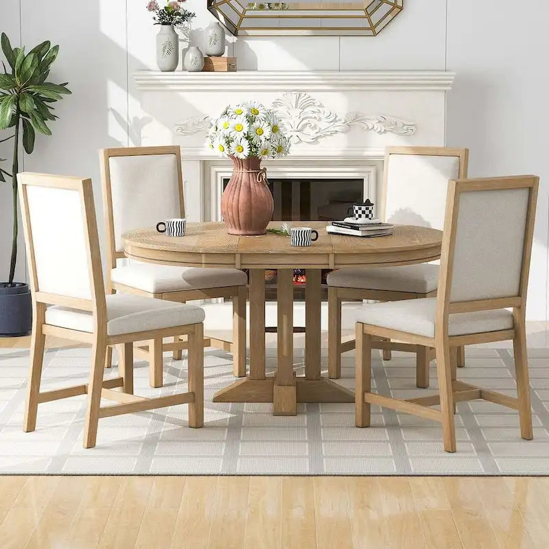 Ensemble de salle à manger extensible en bois avec abattants ronds et 4 chaises rembourrées