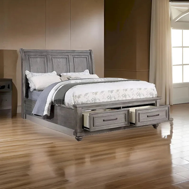Lit demi-king size, tête de lit traîneau, 2 tiroirs de rangement, bois gris chêne
