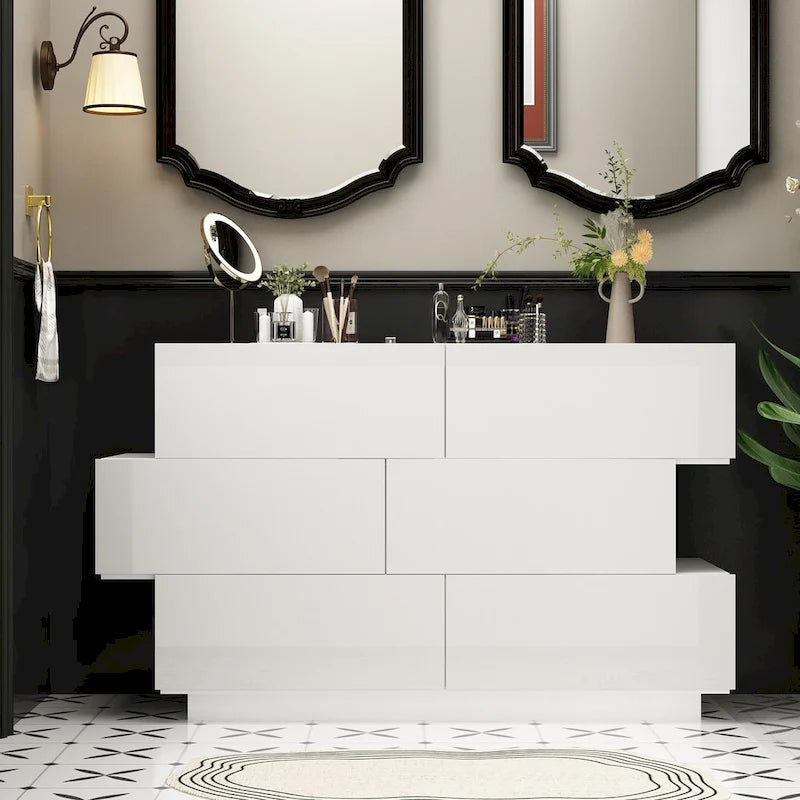 Commode à 6 tiroirs, chambre à coucher, moderne, bois laqué brillant, rangement pour placard