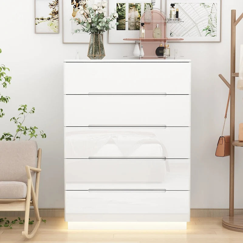 Commode à 5 tiroirs avec tiroirs brillants et éclairage de rangement