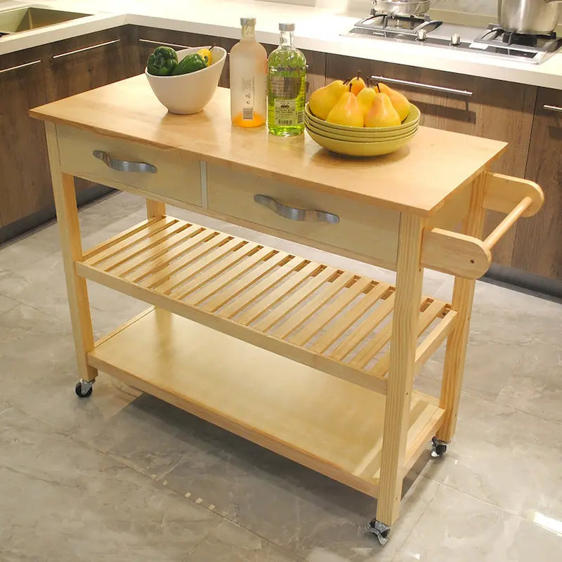Desserte de cuisine avec dessus en bois massif et roulettes verrouillables
