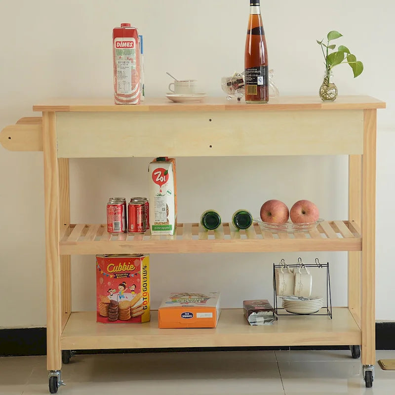Desserte de cuisine avec dessus en bois massif et roulettes verrouillables