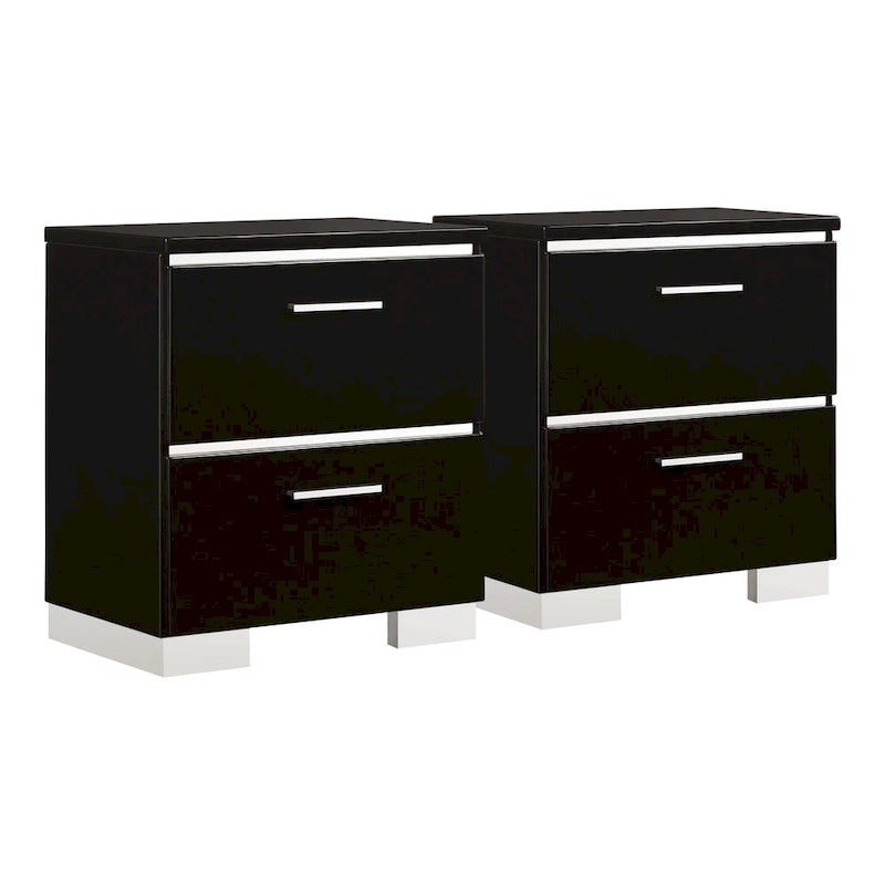 Table de chevet Lofa moderne noir brillant en bois avec 2 tiroirs et ports USB par