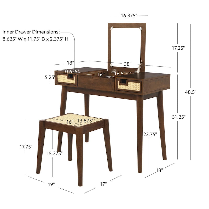 Meuble-lavabo Chantal Wood 2 tiroirs en rotin avec tabouret