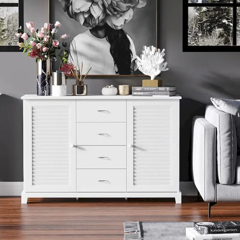 47Buffet de rangement moderne avec tiroirs et portes persiennes – Blanc – 47,25 L x 15,75 P x 31,5 H