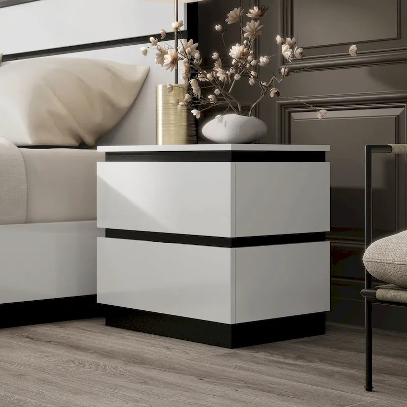Table de chevet contemporaine Conjira en bois blanc à 2 tiroirs avec ports USB par