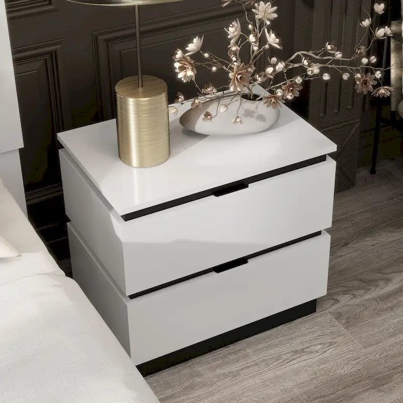 Table de chevet contemporaine Conjira en bois blanc à 2 tiroirs avec ports USB par