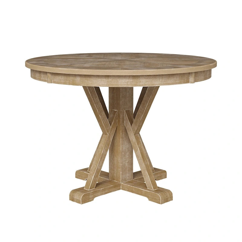 Table à manger ronde Felicia Farmhouse en bois massif naturel avec piètement croisé pour 4 personnes par