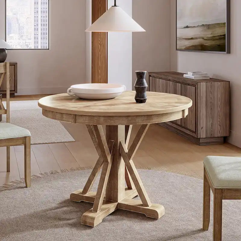 Table à manger ronde Felicia Farmhouse en bois massif naturel avec piètement croisé pour 4 personnes par