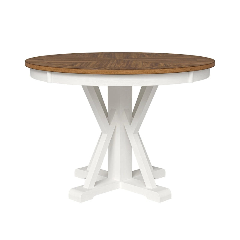 Table à manger ronde Felicia Farmhouse en bois massif naturel avec piètement croisé pour 4 personnes par