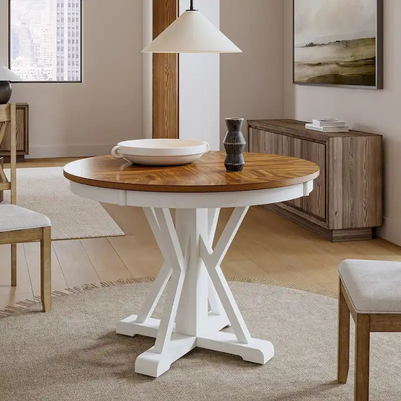 Table à manger ronde Felicia Farmhouse en bois massif naturel avec piètement croisé pour 4 personnes par