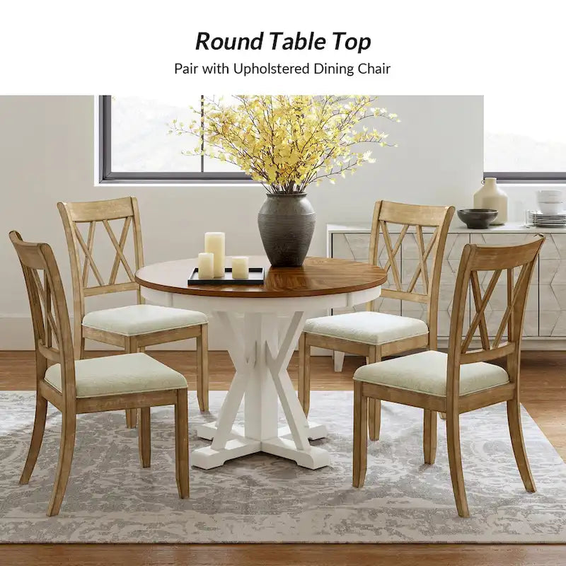 Table à manger ronde Felicia Farmhouse en bois massif naturel avec piètement croisé pour 4 personnes par