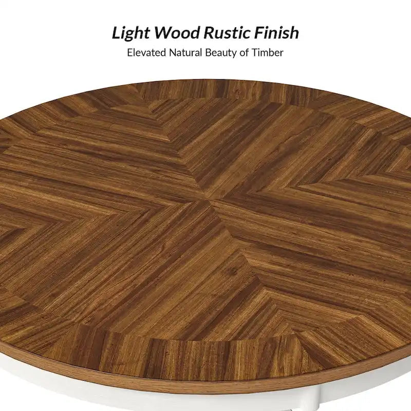 Table à manger ronde Felicia Farmhouse en bois massif naturel avec piètement croisé pour 4 personnes par