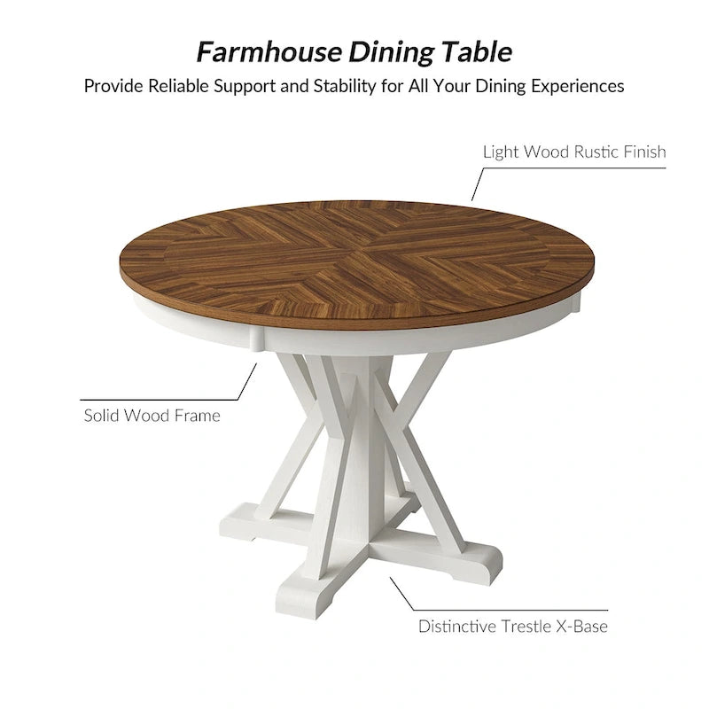 Table à manger ronde Felicia Farmhouse en bois massif naturel avec piètement croisé pour 4 personnes par