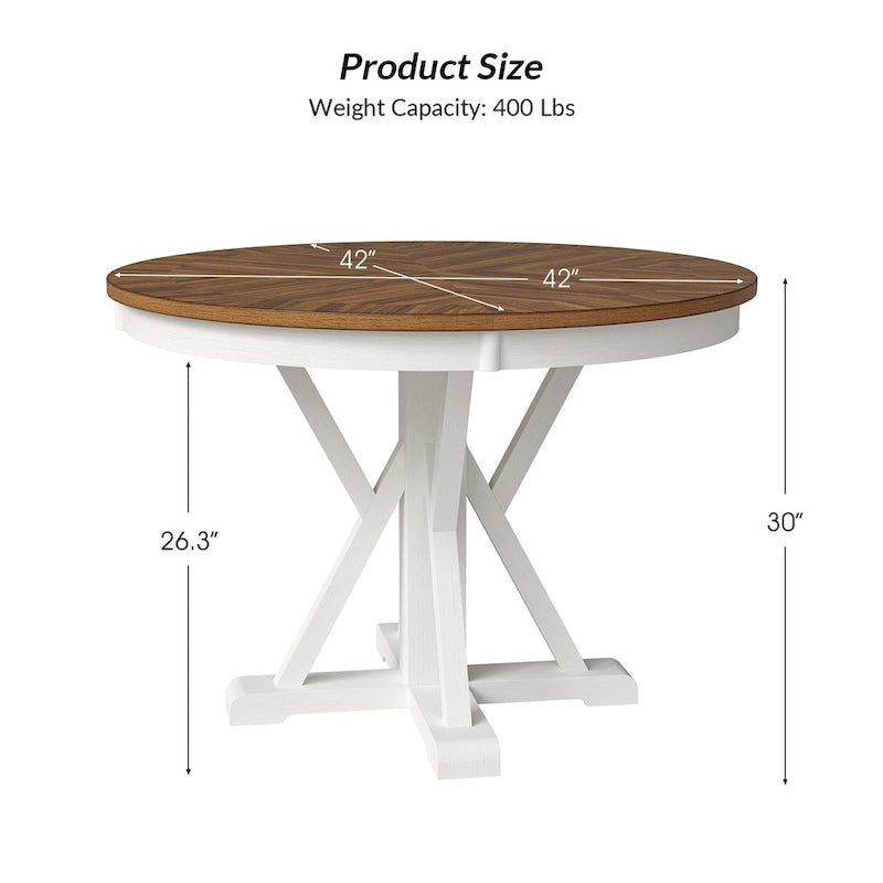 Table à manger ronde Felicia Farmhouse en bois massif naturel avec piètement croisé pour 4 personnes par