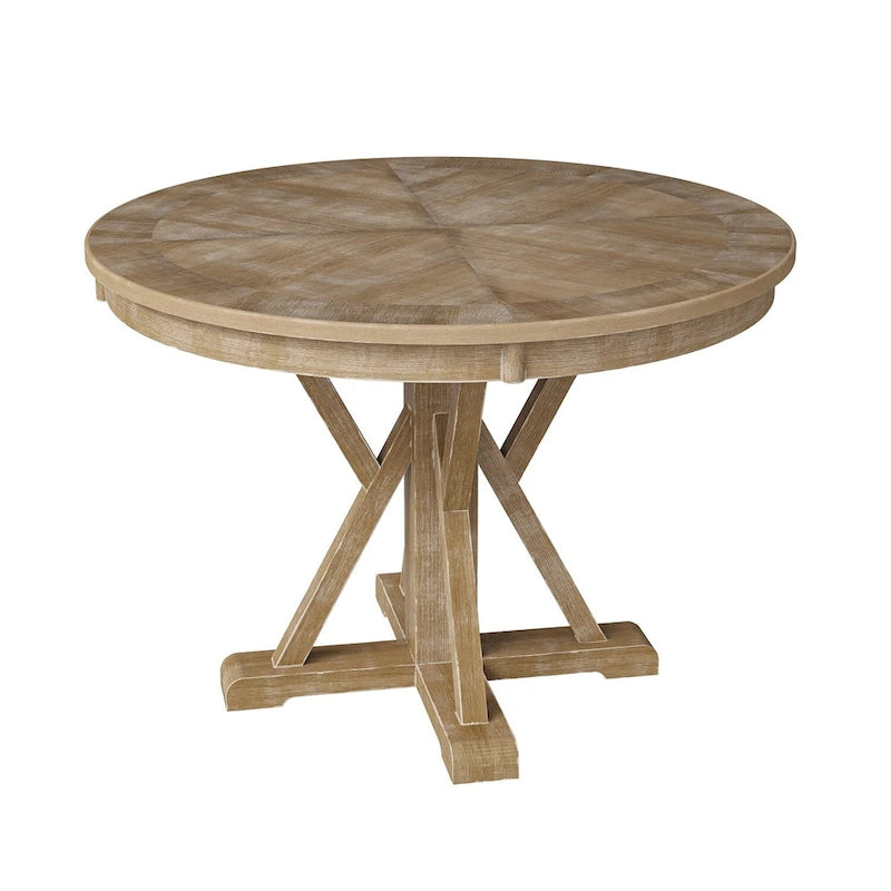 Table à manger ronde Felicia Farmhouse en bois massif naturel avec piètement croisé pour 4 personnes par
