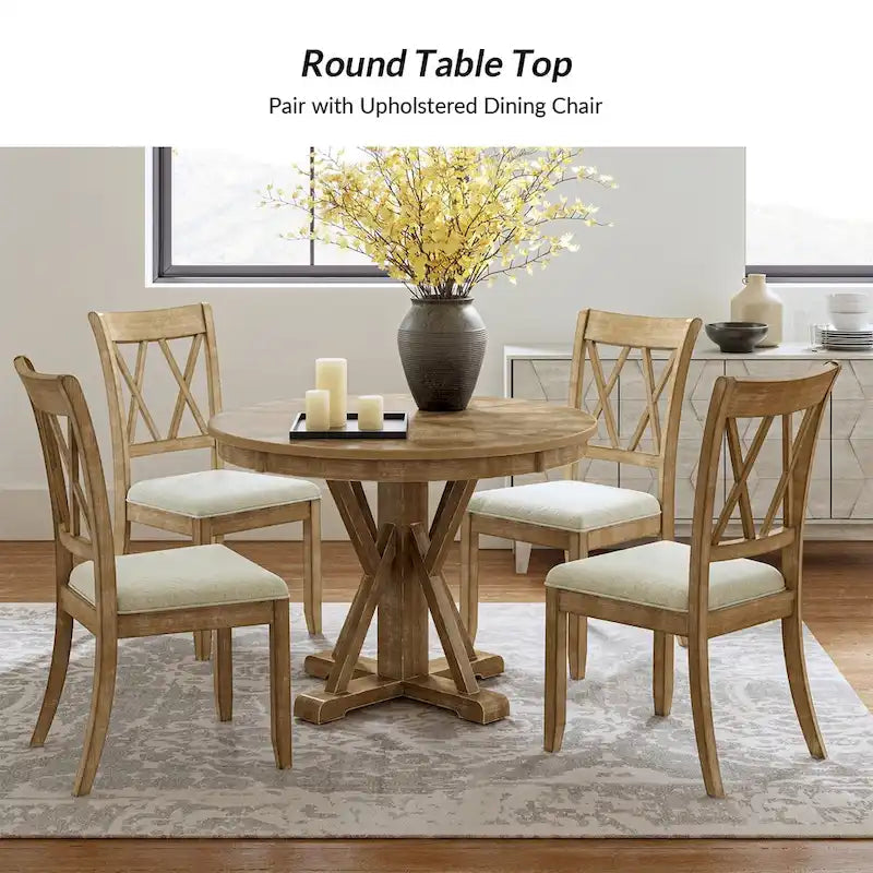Table à manger ronde Felicia Farmhouse en bois massif naturel avec piètement croisé pour 4 personnes par