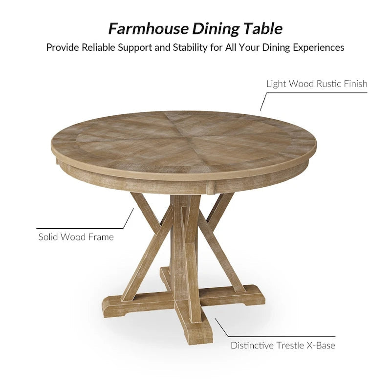 Table à manger ronde Felicia Farmhouse en bois massif naturel avec piètement croisé pour 4 personnes par