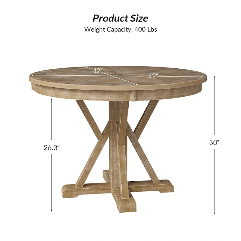 Table à manger ronde Felicia Farmhouse en bois massif naturel avec piètement croisé pour 4 personnes par