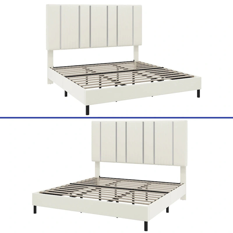 Lit plateforme capitonné en velours 52King avec tête de lit capitonnée à canaux verticaux