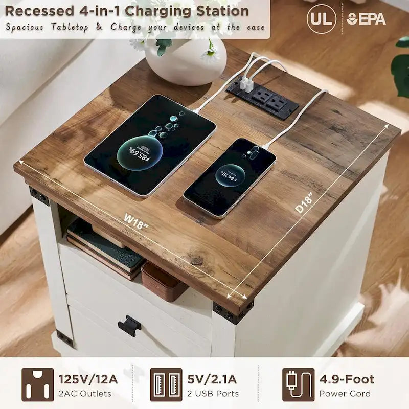 Table de chevet de ferme 18 avec station de charge, Table de nuit, Table d'appoint