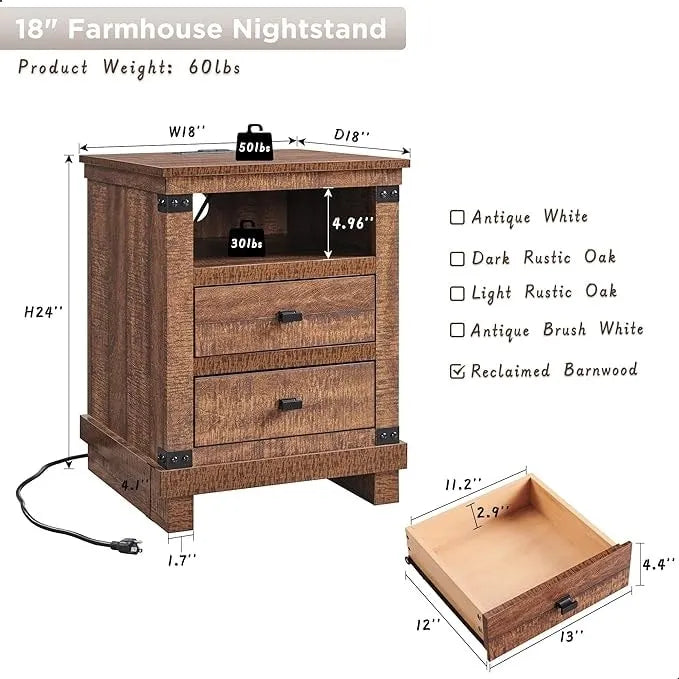 Table de chevet de ferme 18 avec station de charge, Table de nuit, Table d'appoint