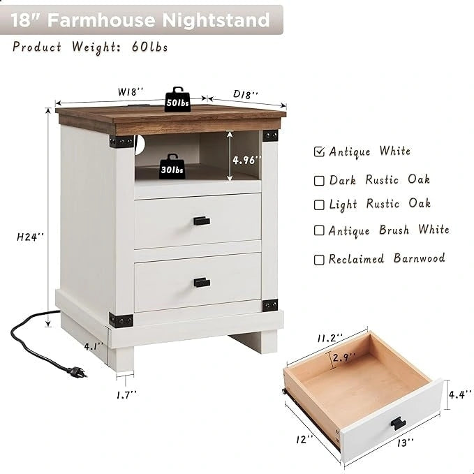Table de chevet de ferme 18 avec station de charge, Table de nuit, Table d'appoint