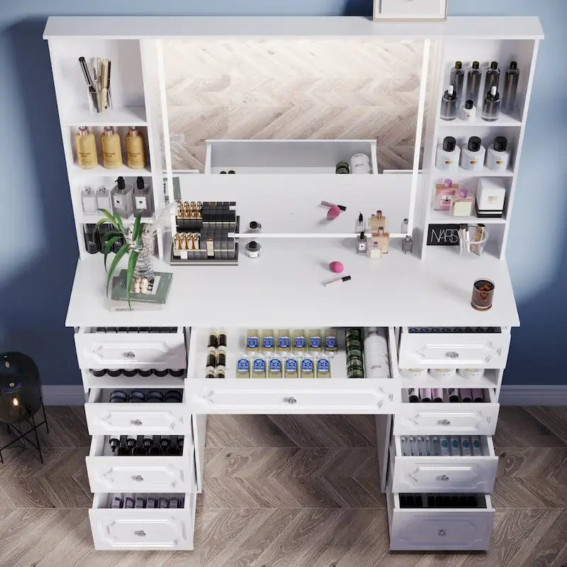 Coiffeuse blanche/noire avec miroir éclairé, grande coiffeuse avec 9 tiroirs, coiffeuses de style européen