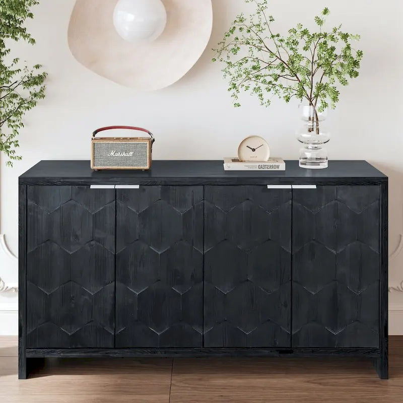 Vaisselier buffet desserte d'appoint 4 portes en bois noir antique style rustique de 152,4 cm
